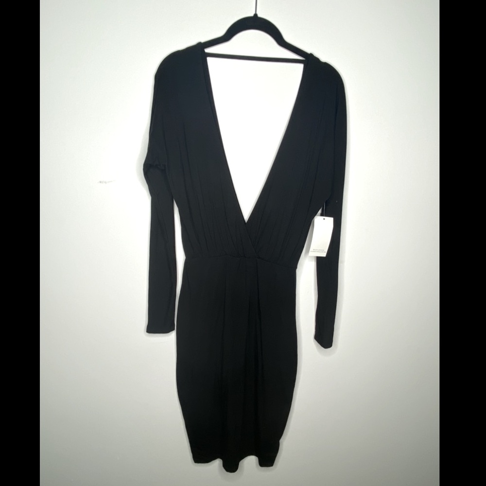 Plunging V-Neck Long Sleeve Black Bodycon Dress